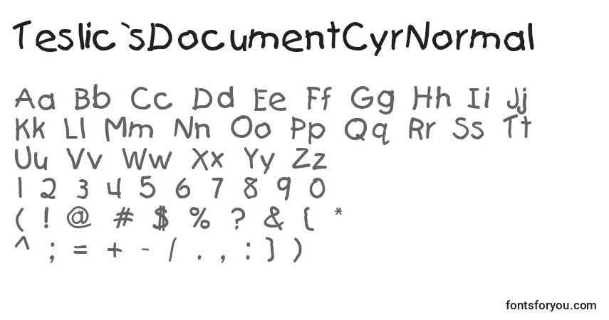 A fonte Teslic`sDocumentCyrNormal – alfabeto, números, caracteres especiais